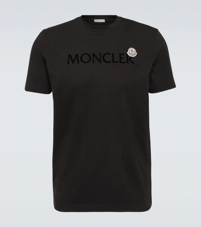 Moncler Flocked Logo Cotton T-shirt In Black