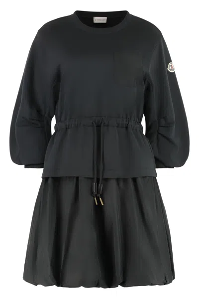 Moncler Cotton Dress Crew Neck Puff Sleeves In Black