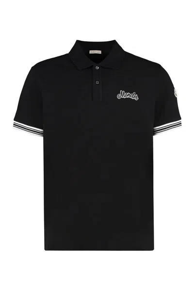 Moncler Polo Shirt With Side Slits And Ribbed Edges In Black