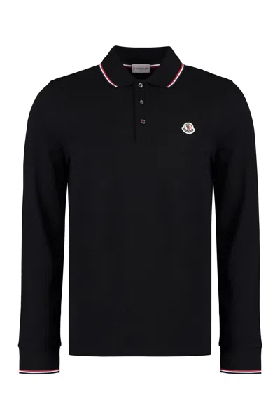 Moncler Long Sleeves Cotton Piquet Polo Shirt In Blue