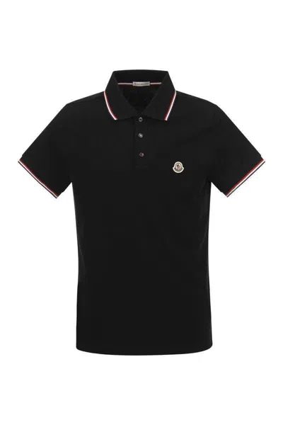 Moncler Cotton Pique Polo Shirt With Tricolor Trim In Black