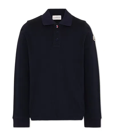 Moncler Cotton Piquet Long Sleeve Polo Shirt In Blue