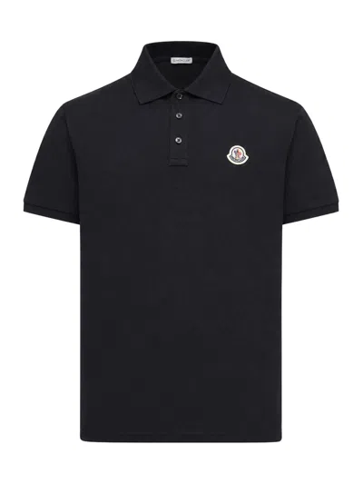 Moncler Cotton Piquet Polo Shirt With Logo Patch In Black