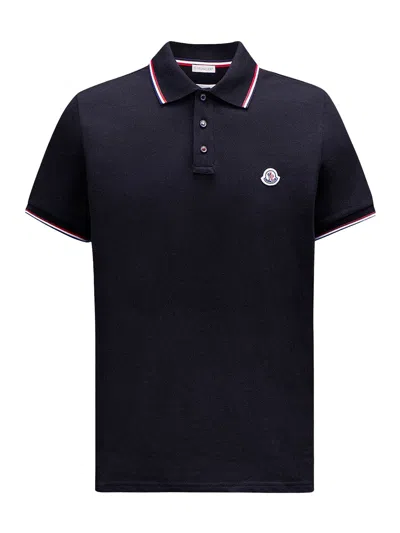 Moncler Cotton Piquet Polo Shirt With Tricolor Trim In Blue