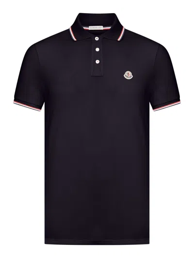 Moncler Cotton Piquet Polo Shirt With Tricolour Finishes In Black