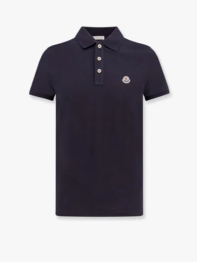 Moncler Cotton Polo Shirt With Frontal Logo Patch In Blue