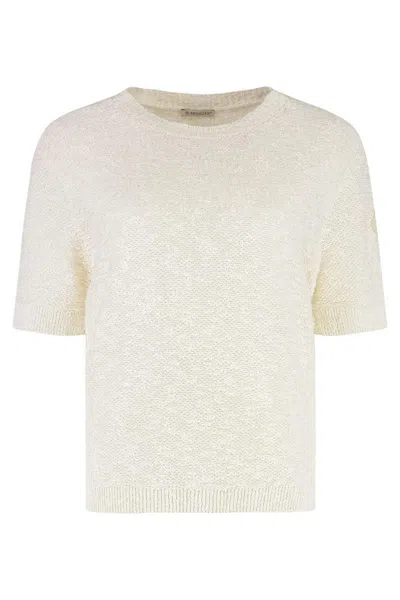 Moncler Short Sleeve Cotton Knit Sweater In Neutral
