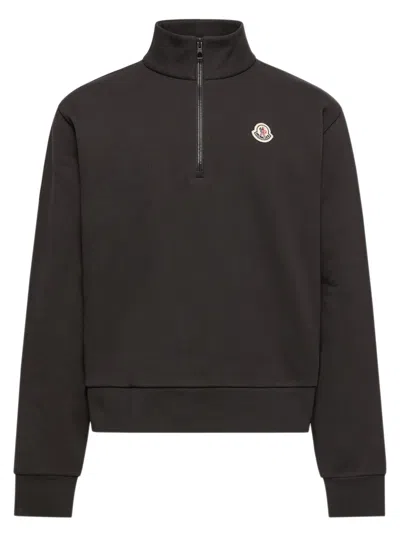 Moncler Cotton Stand-collar Zip T-shirt With Logo Patch In Black
