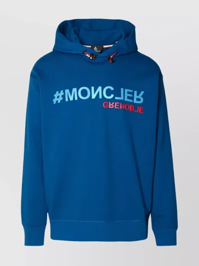 Moncler Cotton Sweatshirt With Hood And Kangaroo Pocket In Blue
