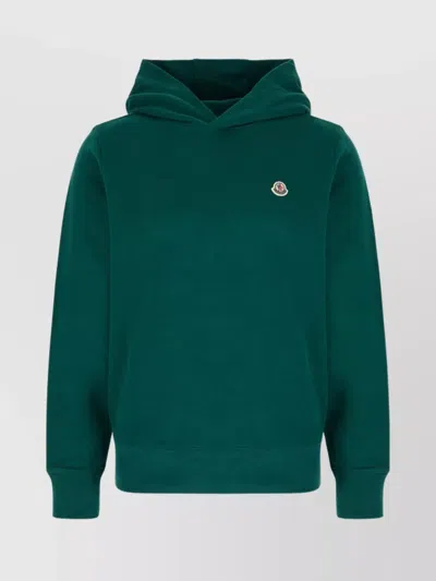 Moncler Cotton Sweatshirt With Hood And Ribbed Cuffs In Green