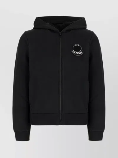 Moncler Cotton Sweatshirt With Hood And Ribbed Cuffs In Black