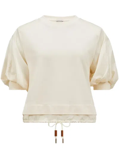 Moncler Crew Neck Puff Sleeve Nylon Top In Beige