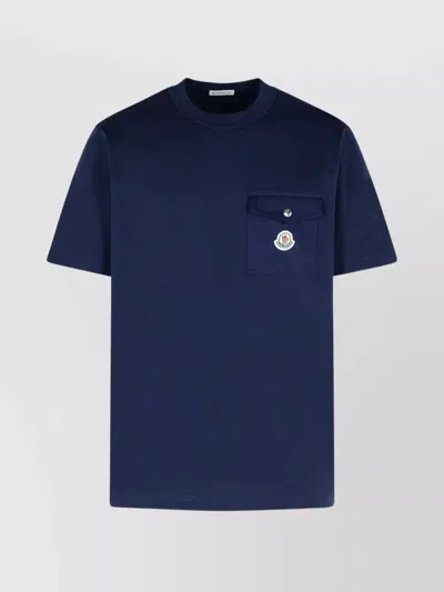 Moncler Cotton T-shirt With Button Detail And Chest Pocket In Blue