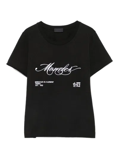 Moncler Cotton T-shirt With Embroidered Cursive Logo In Black