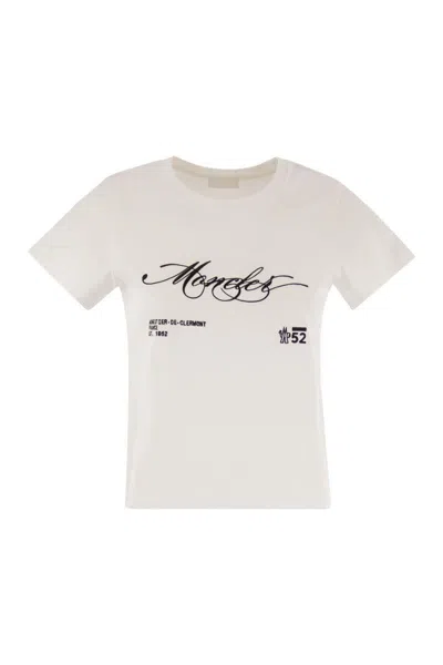 Moncler Cotton T-shirt With Embroidered Cursive Logo In White