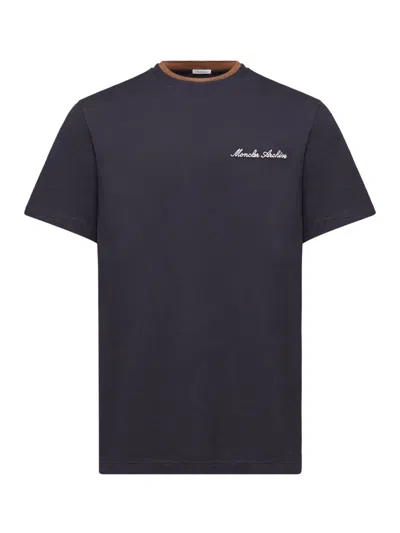 Moncler Cotton T-shirt With Embroidered Logo In Blue