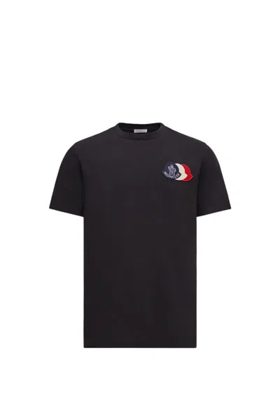 Moncler Cotton T-shirt With Embroidered Tricolour Logo In Black