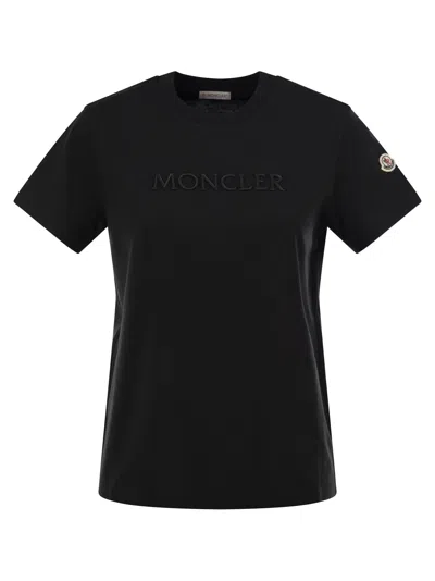 Moncler Cotton T Shirt With Tone On Tone Embroidered Logo In Black