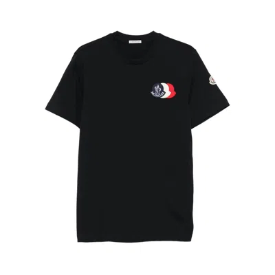 Moncler Blue T-shirt With Embroidered Tricolor Logo In Black