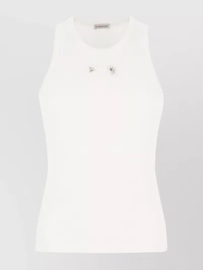 Moncler Cotton Top With Embellished Detail And Ribbed Texture In White