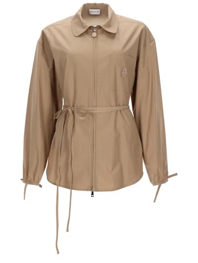Moncler Cotton Zip-front Jacket With Belt In Nude