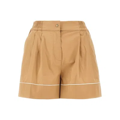 Moncler Cotton Blend Shorts Pleats Buttons Contrast Piping In Brown