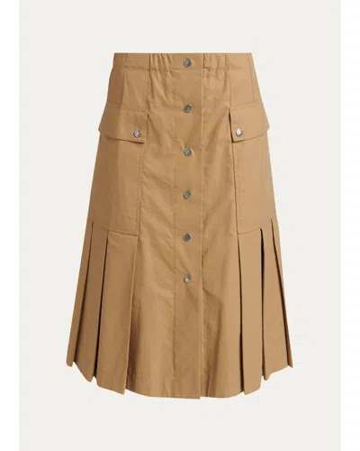 Moncler Cotton-blend Pleated A-line Midi Skirt In Brown