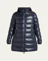Moncler Courcelles Long Hooded Down Puffer Coat In Blue