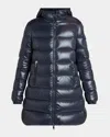 Moncler Courcelles Long Hooded Down Puffer Coat In Blue