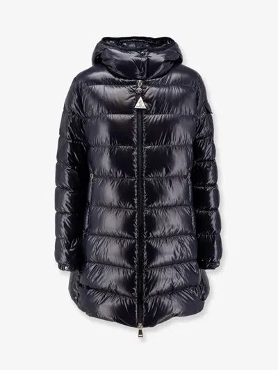 Moncler Courcelles Nylon Long Down Jacket In Blue