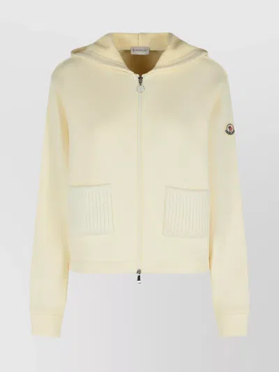Moncler Cream Cotton Blend Hooded Sweatshirt With Zip In Multi