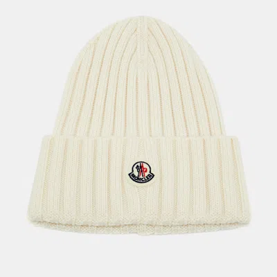 Pre-owned Moncler Cream Embroidered Logo Patch Wool Bennie One Size