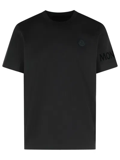 Moncler Crew Neck Cotton T-shirt With Tone-on-tone Logo Details In Black