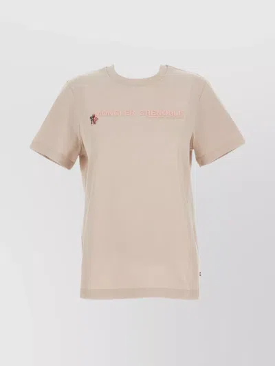 Moncler Crew Neck Embroidered Text Short Sleeves In Nude