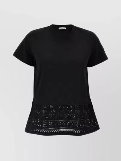 Moncler Crew Neck Lace Hem Short Sleeves Top In Black