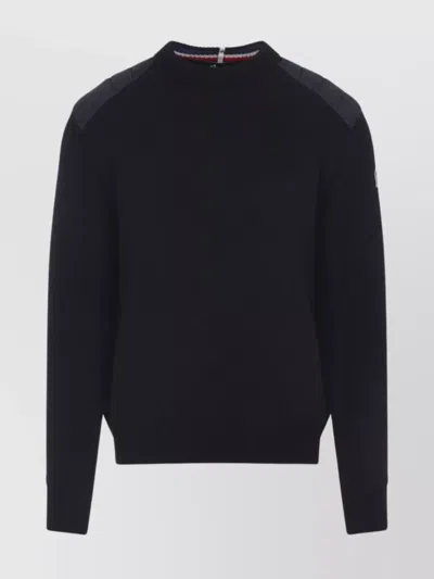 Moncler Crew Neck Sweater With Quilted Shoulder Design In Black