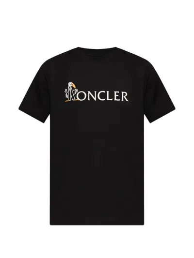 Moncler Crew Neck T-shirt With Printed Duck Logo In Black
