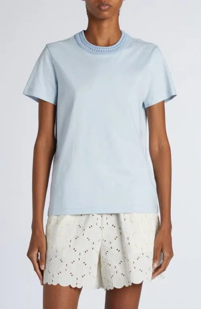 Moncler T-shirt En Coton Avec Détails En Crochet In Light Blue