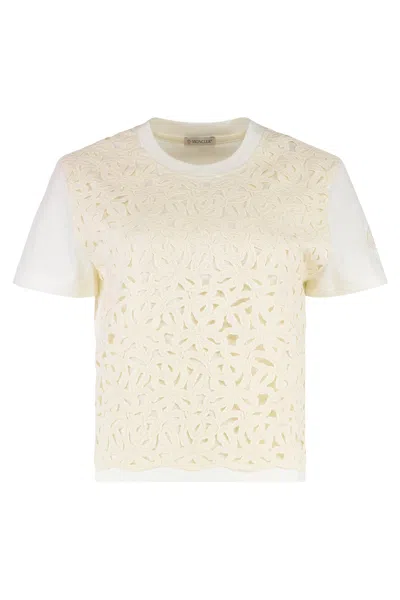 Moncler Lace-panel Crew-neck T-shirt In Neutral