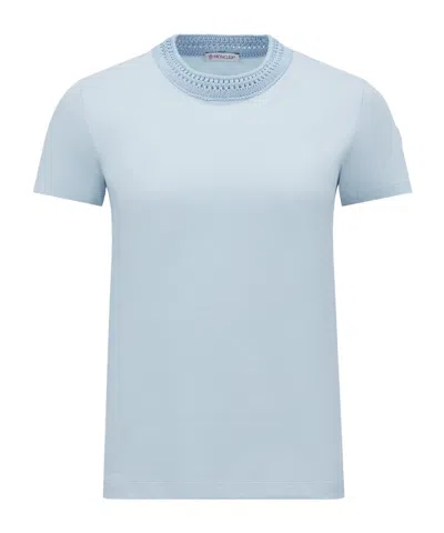 Moncler T-shirt En Coton Avec Détails En Crochet In Light Blue