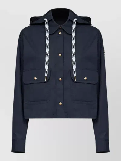 Moncler Cropped Hooded Jacket Drawstring Front Pockets In Blue