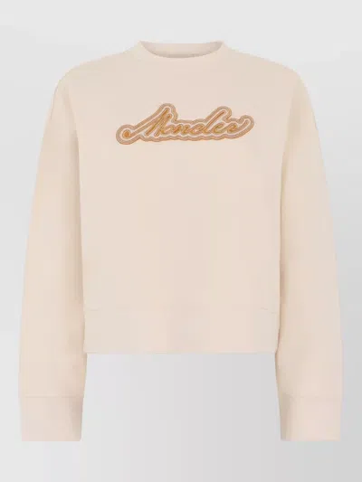 Moncler Cropped Cotton Sweatshirt Crew Neck Design In Pink