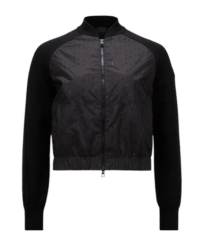Moncler Crystal Zipper Cardigan In Black