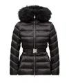 Moncler Cupidone Hooded Shearling-trimmed Short Down Jacket In Black