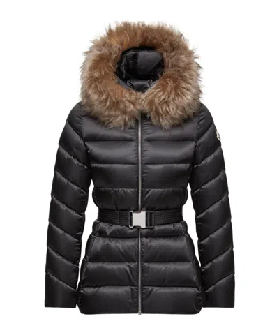 Moncler Cupidone Hooded Shearling-trimmed Short Down Jacket In Black
