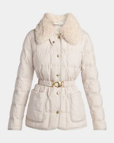 Moncler Cygnes Belted Short Down Jacket In Light Beige