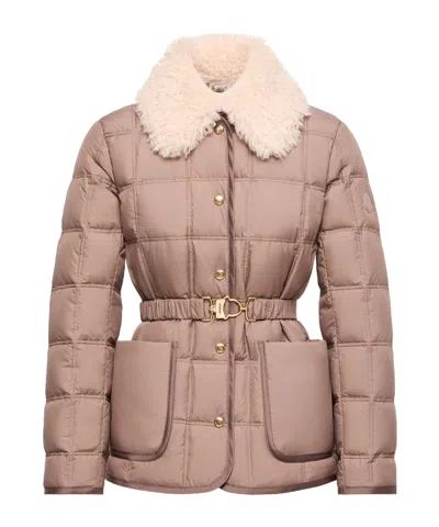 Moncler Cygnes Belted Short Down Jacket In Brown