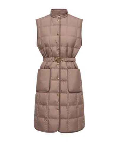 Moncler Cygnette Square Quilted Long Down Vest In Brown