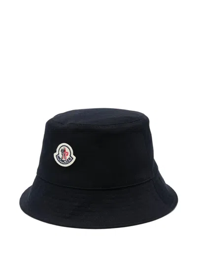 Moncler Dark Blue Cotton Bucket Hat In Black