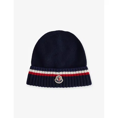 Moncler Dark Blue Kids' Logo-embroidered Wool And Cashmere-blend Beanie Hat